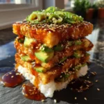 Crispy Teriyaki Tofu Avocado Rice Stack With Miso Caramel Drizzle 1767841313.8145905
