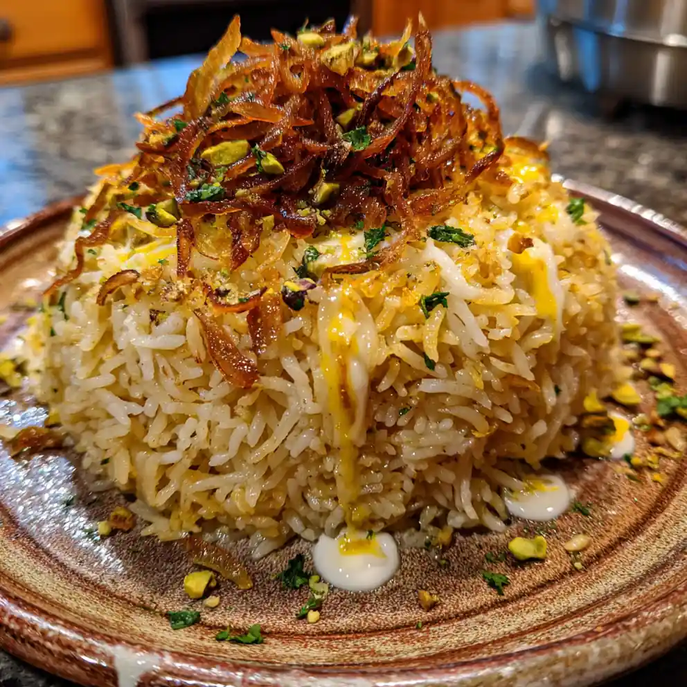 Golden Onion Butter Rice With Lemon Yogurt Drizzle & Crispy Pistachio Topping 4 Golden Onion Butter Rice with Lemon Yogurt Drizzle & Crispy Pistachio Topping