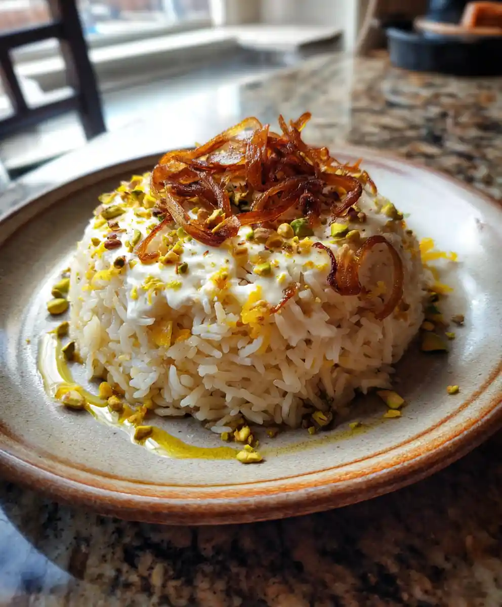 Golden Onion Butter Rice With Lemon Yogurt Drizzle & Crispy Pistachio Topping 5 Golden Onion Butter Rice with Lemon Yogurt Drizzle & Crispy Pistachio Topping
