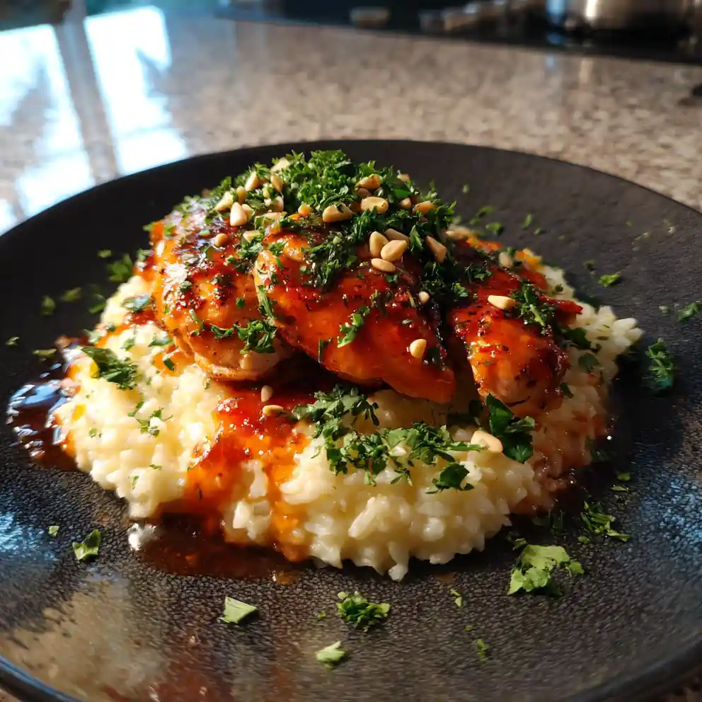 Red Pepper Glazed Chicken Scampi With Creamy Garlic Parmesan Rice 4 Red Pepper Glazed Chicken Scampi with Creamy Garlic Parmesan Rice