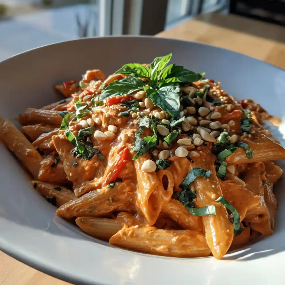 Rotisserie Chicken Pasta With Roasted Red Pepper Cream And Basil Pesto Swirl 4 Rotisserie Chicken Pasta with Roasted Red Pepper Cream and Basil Pesto Swirl