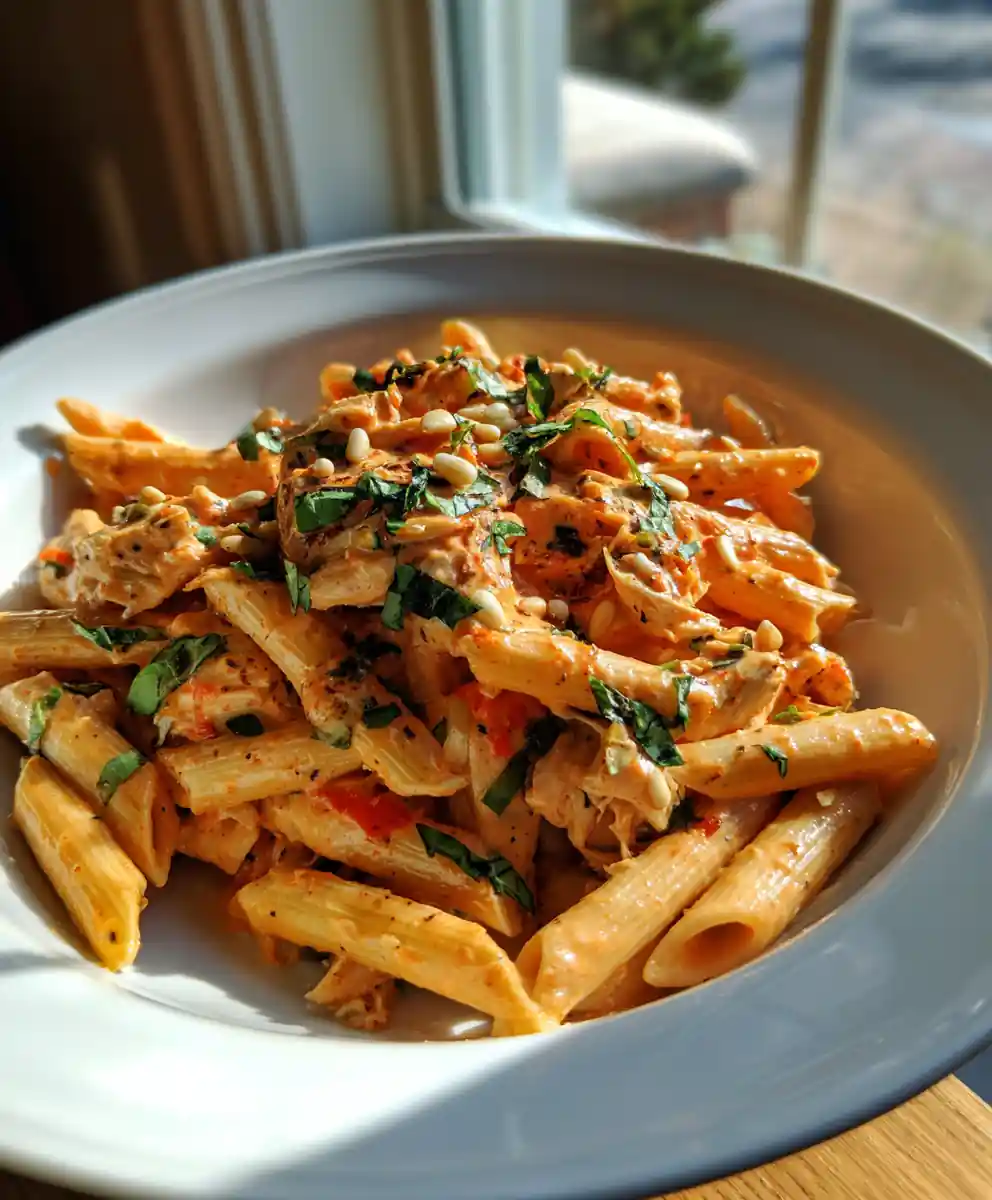 Rotisserie Chicken Pasta With Roasted Red Pepper Cream And Basil Pesto Swirl 5 Rotisserie Chicken Pasta with Roasted Red Pepper Cream and Basil Pesto Swirl