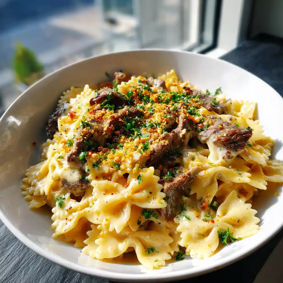 Beef Bowtie Pasta In Creamy Garlic Parmesan Sauce With Toasted Hazelnut Herb Crumble 4 Beef Bowtie Pasta In Creamy Garlic Parmesan Sauce With Toasted Hazelnut Herb Crumble