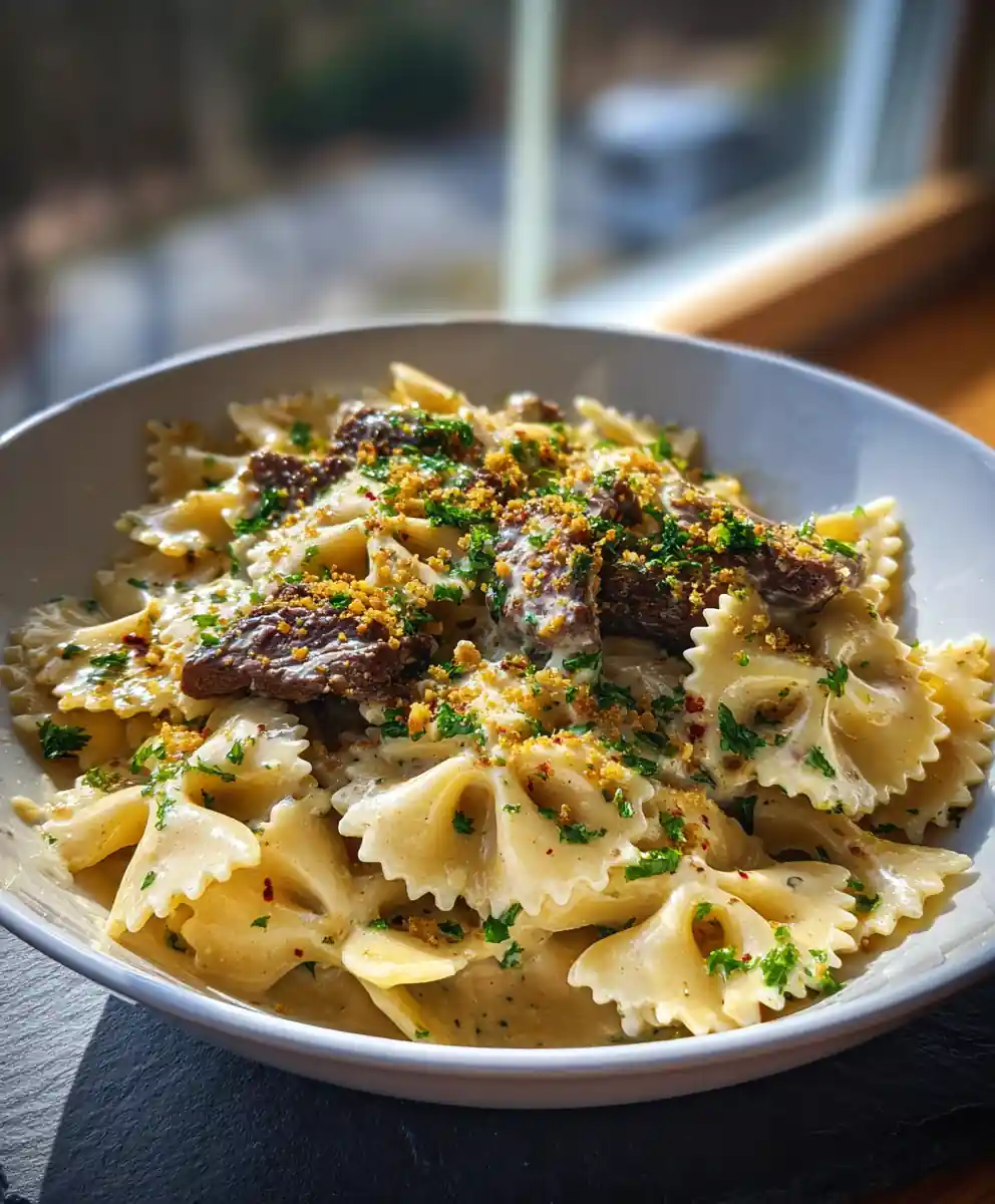 Beef Bowtie Pasta In Creamy Garlic Parmesan Sauce With Toasted Hazelnut Herb Crumble 5 Beef Bowtie Pasta In Creamy Garlic Parmesan Sauce With Toasted Hazelnut Herb Crumble