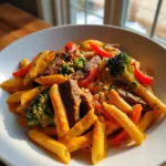 Garlic Parmesan Penne With Steak Broccoli Bell Peppers In A Roasted Red Pepper Cream 1772095712.2891471