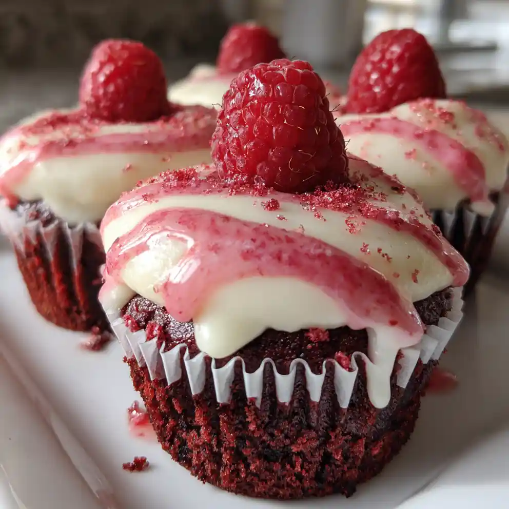 Raspberry Swirled Red Velvet Cupcakes With Glossy Berry Glaze 4 Raspberry Swirled Red Velvet Cupcakes With Glossy Berry Glaze