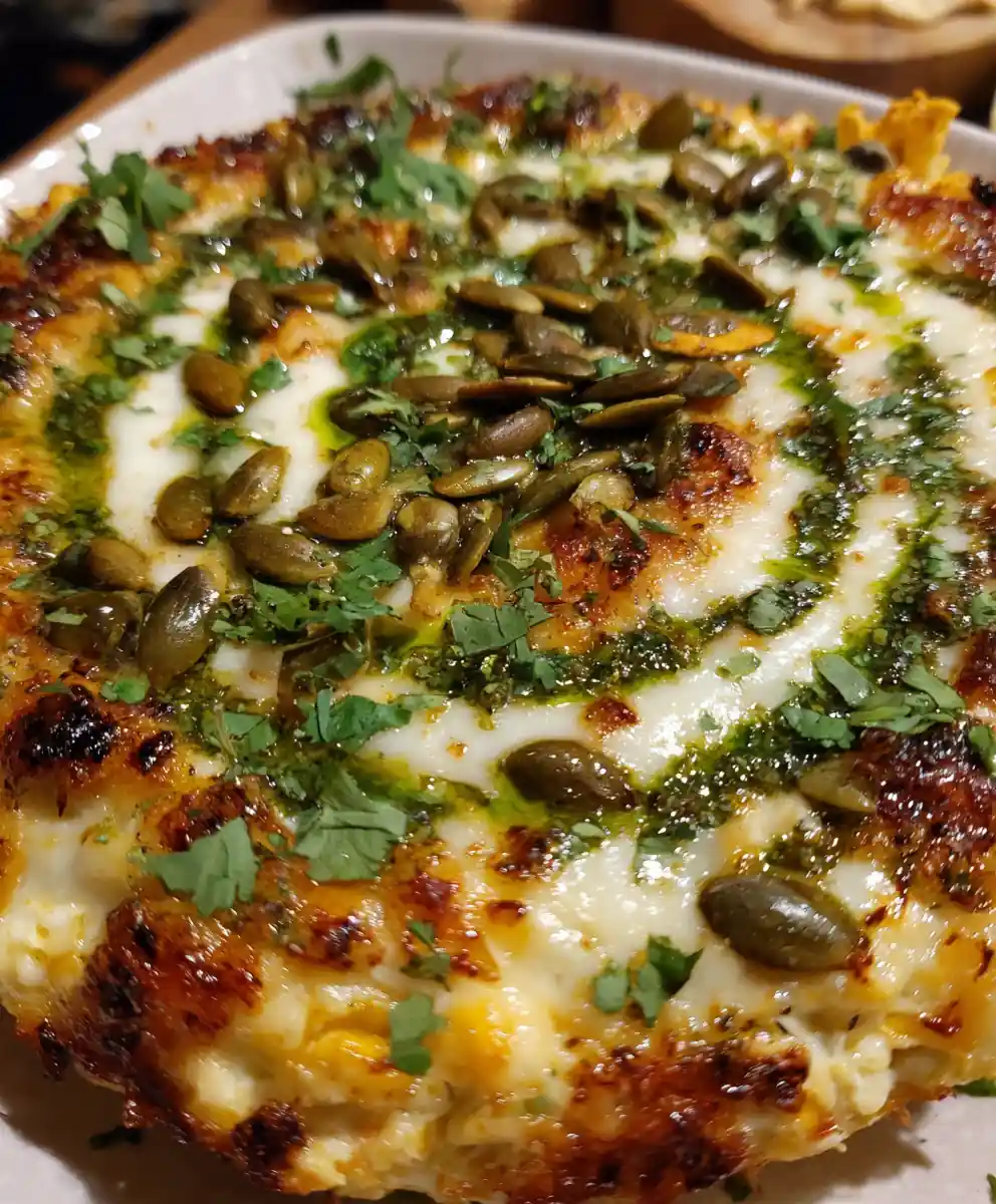 Cheesy Crack Corn Dip With Cilantro Lime Drizzle