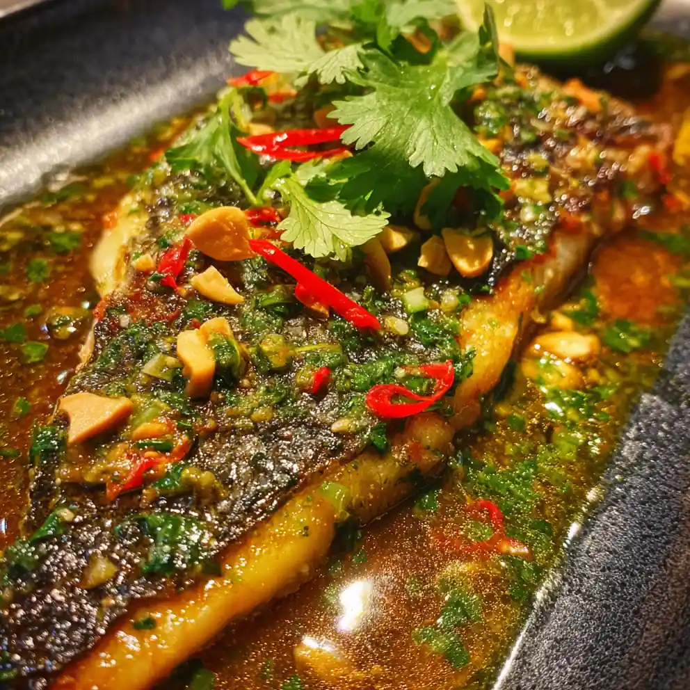 Grilled Sea Bass On Plancha With Savory Thai Sauce 4 Grilled Sea Bass On Plancha With Savory Thai Sauce