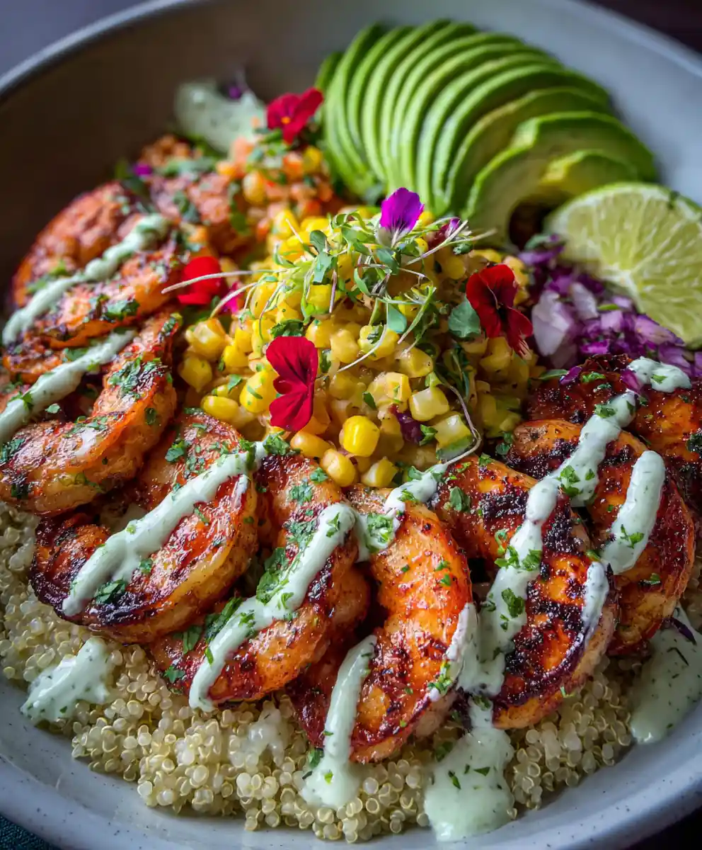 Grilled Shrimp Bowl With Avocado, Corn Salsa & Creamy Sauce