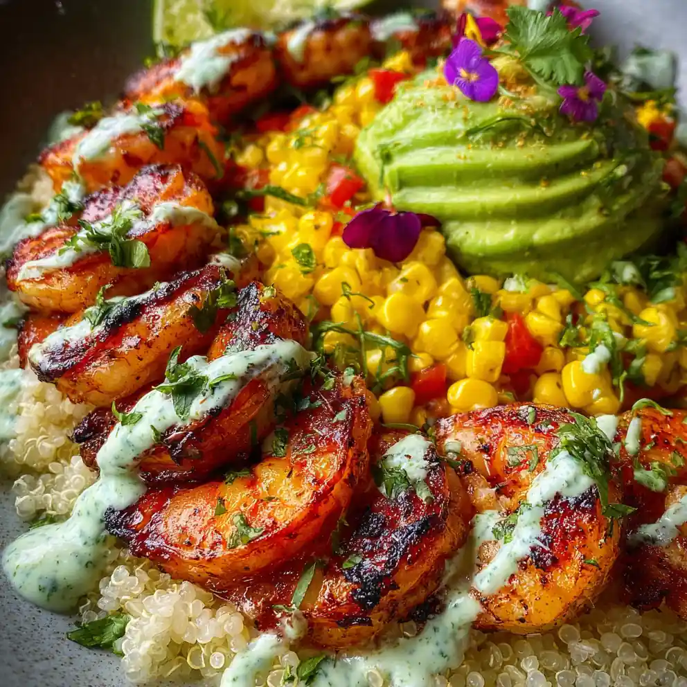 Grilled Shrimp Bowl With Avocado, Corn Salsa & Creamy Sauce