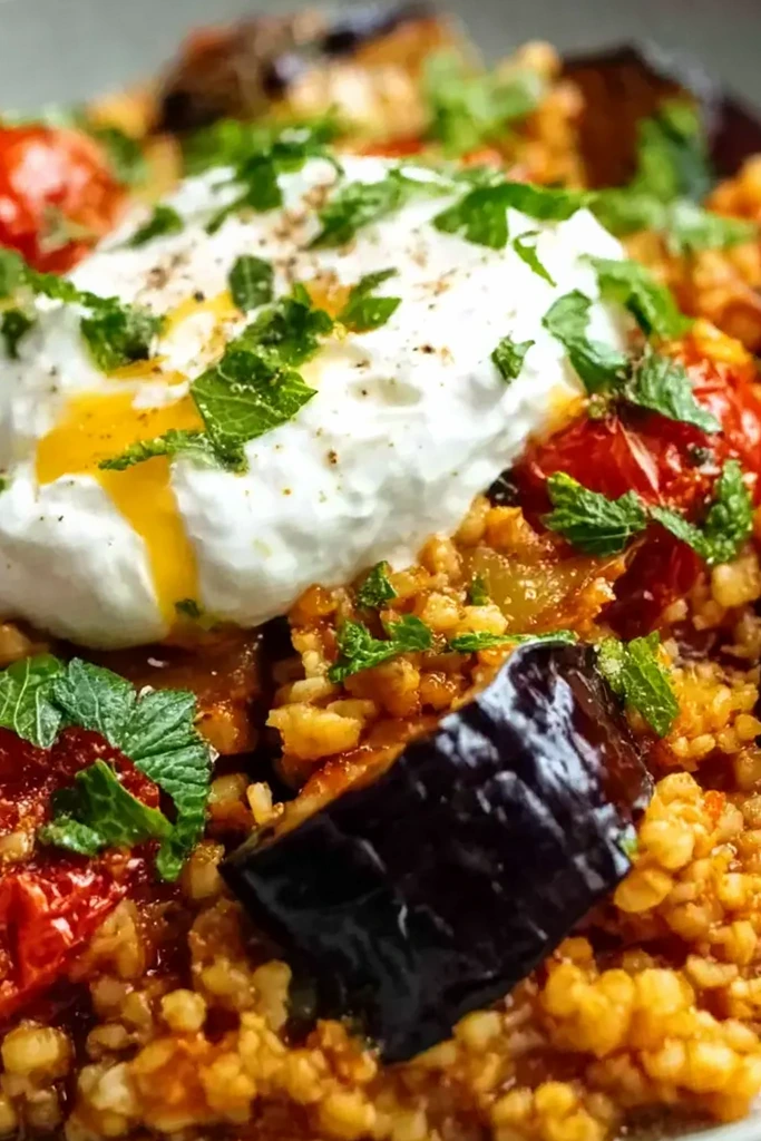 Herzhafter Bulgur mit Auberginen, Tomaten und cremigem Joghurt 3 Recipe image