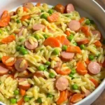 Cremige Orzo-Pfanne mit Würstchen und Gemüse 4 Cremige Orzo-Pfanne mit Würstchen und Gemüse