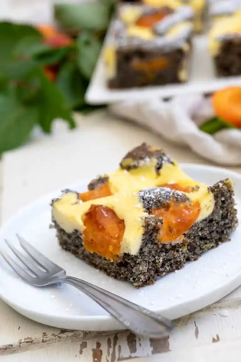 Saftiger Mohn-Topfengitter-Kuchen mit Marillen 3 Recipe image