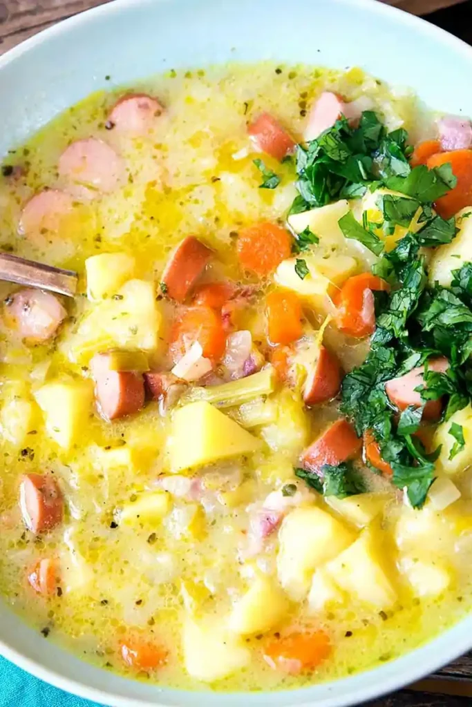 Herzhafte Kartoffelsuppe mit Würstchen nach traditioneller Art