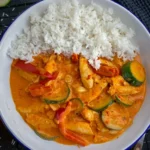 Cremiges Hähnchen mit Paprika und Zucchini auf Jasminreis 4 Cremiges Hähnchen mit Paprika und Zucchini auf Jasminreis