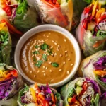 Regenbogen-Gemüserollen aus Reispapier mit Erdnusssauce 4 Regenbogen-Gemüserollen aus Reispapier mit Erdnusssauce