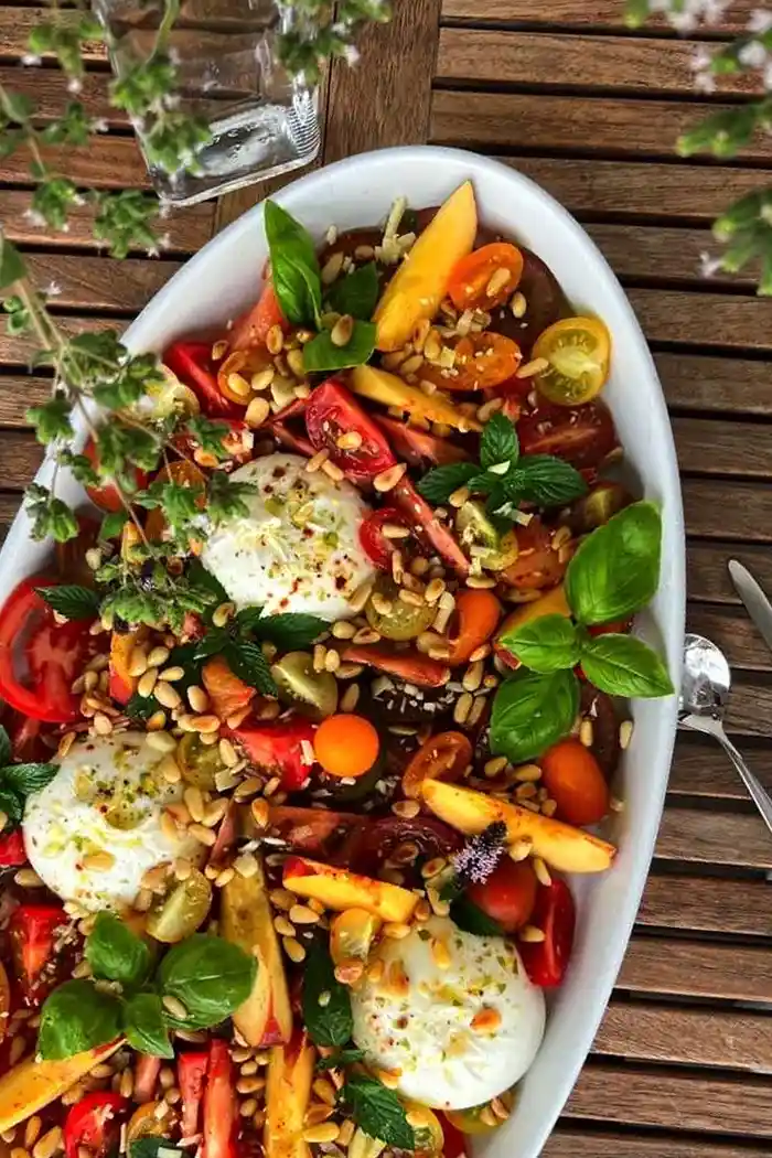 Tomate Burrata Platte mit Pfirsichen 3 Recipe image
